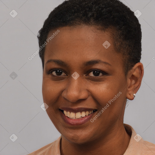 Joyful black young-adult female with short  brown hair and brown eyes