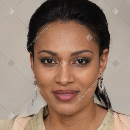 Joyful latino young-adult female with medium  black hair and brown eyes