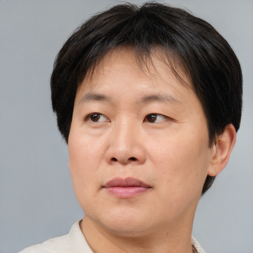 Neutral asian adult female with short  brown hair and brown eyes