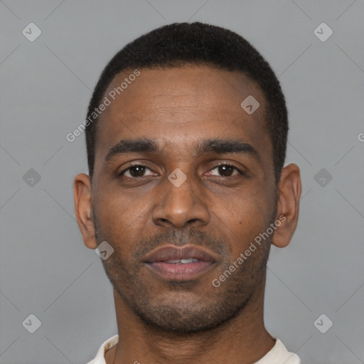 Neutral black young-adult male with short  black hair and brown eyes