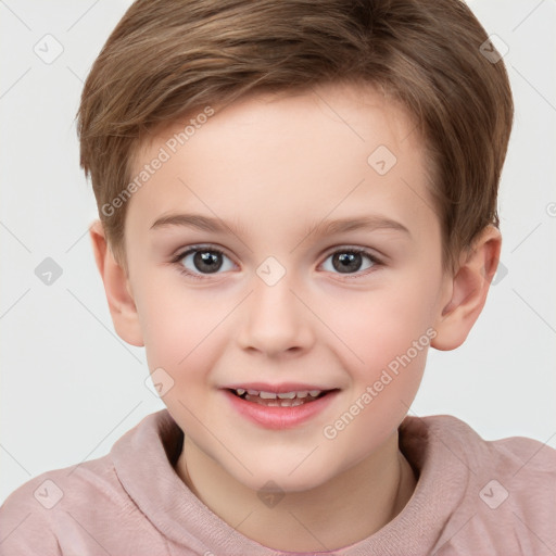 Joyful white child female with short  brown hair and brown eyes