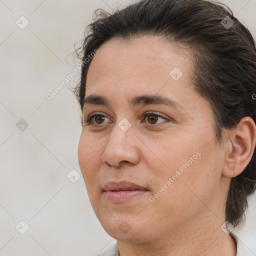 Neutral white adult female with medium  brown hair and brown eyes