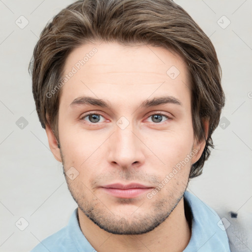 Neutral white young-adult male with short  brown hair and grey eyes