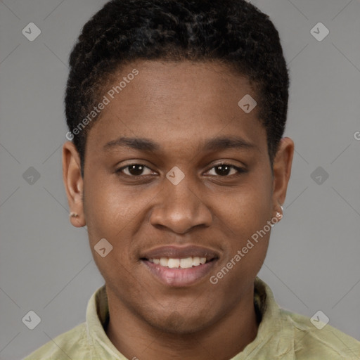 Joyful black young-adult male with short  brown hair and brown eyes