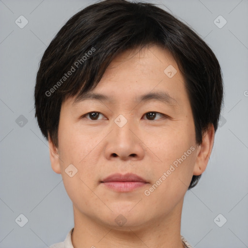 Joyful asian adult male with short  brown hair and brown eyes