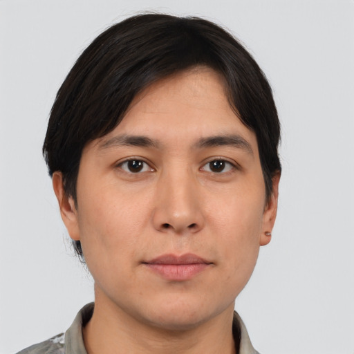 Neutral asian young-adult male with short  brown hair and brown eyes