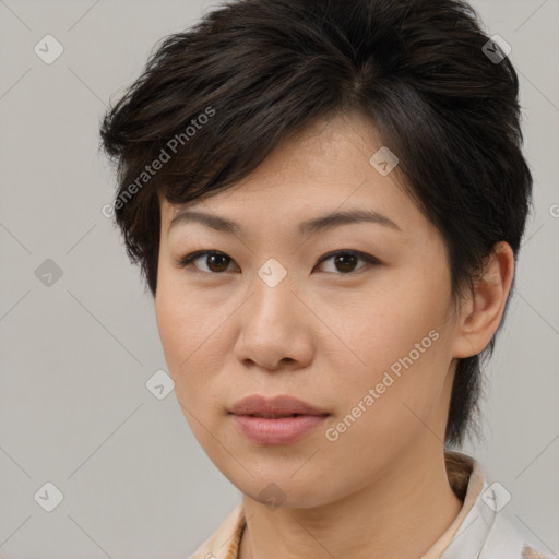 Neutral asian young-adult female with medium  brown hair and brown eyes