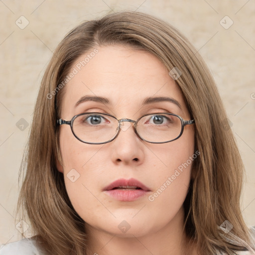 Neutral white young-adult female with medium  brown hair and grey eyes