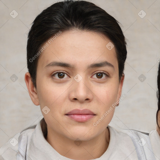 Joyful white young-adult female with short  brown hair and brown eyes