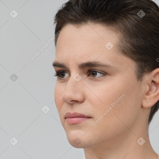 Neutral white young-adult female with short  brown hair and brown eyes