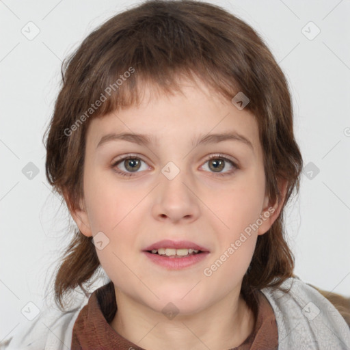 Joyful white child female with medium  brown hair and brown eyes