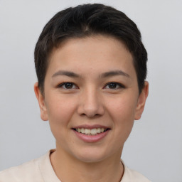 Joyful asian young-adult female with short  brown hair and brown eyes