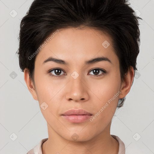 Neutral white young-adult female with short  brown hair and brown eyes