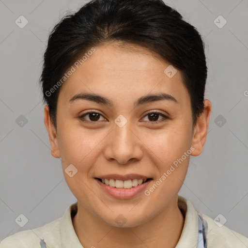 Joyful white young-adult female with short  brown hair and brown eyes