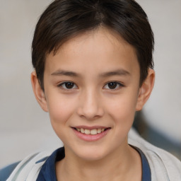 Joyful white child female with short  brown hair and brown eyes