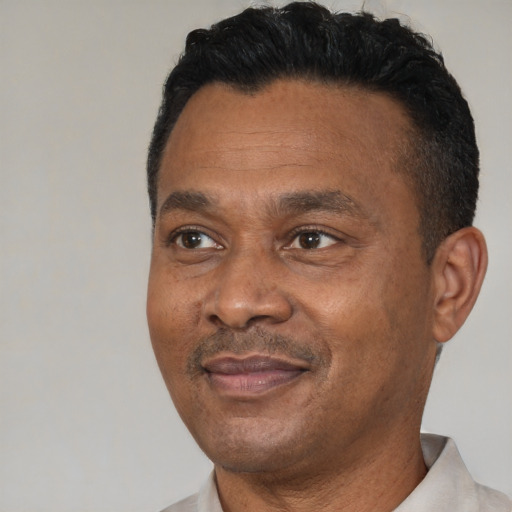 Joyful black adult male with short  black hair and brown eyes