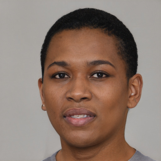 Neutral black young-adult female with short  black hair and brown eyes