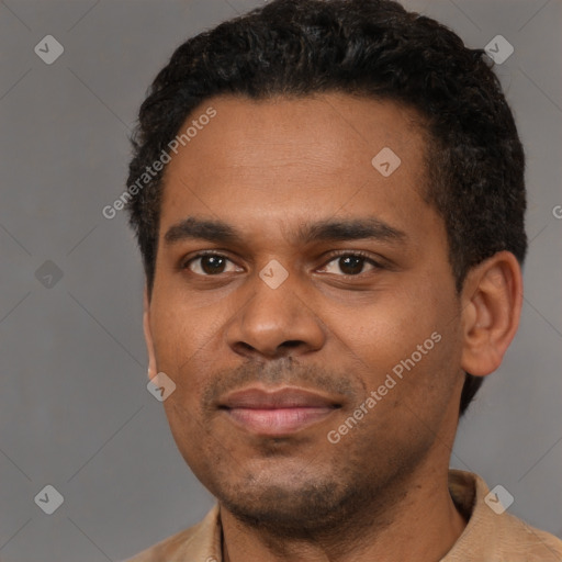 Neutral black young-adult male with short  black hair and brown eyes