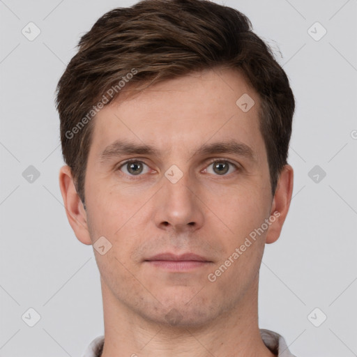 Neutral white young-adult male with short  brown hair and brown eyes