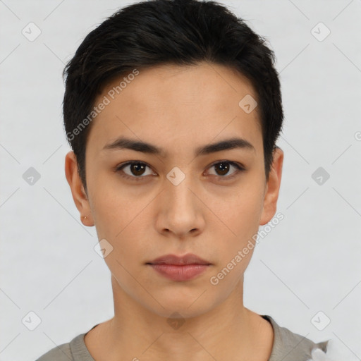 Neutral asian young-adult female with short  black hair and brown eyes