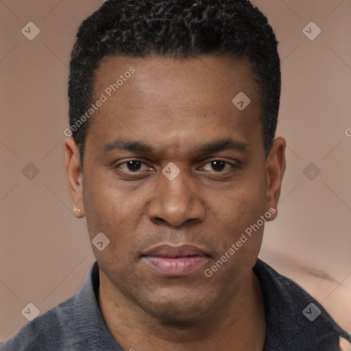 Neutral black adult male with short  black hair and brown eyes