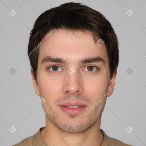 Neutral white young-adult male with short  brown hair and brown eyes