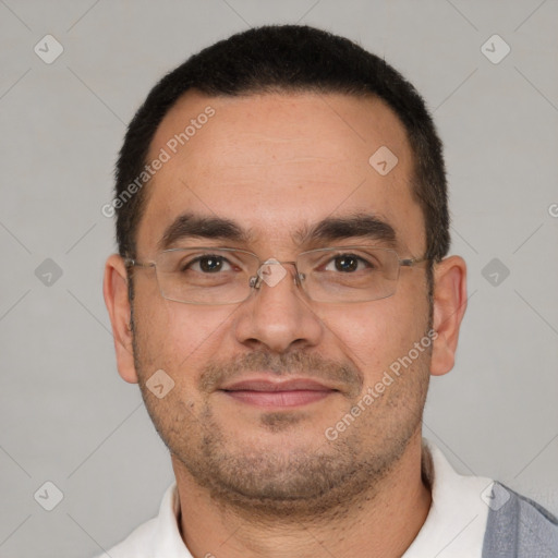 Joyful white adult male with short  brown hair and brown eyes