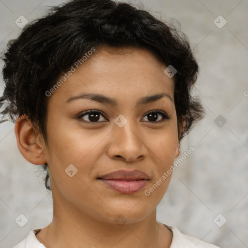 Joyful latino young-adult female with short  brown hair and brown eyes