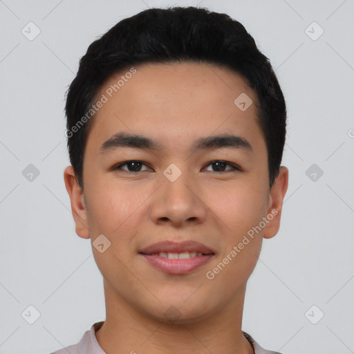 Joyful asian young-adult male with short  black hair and brown eyes