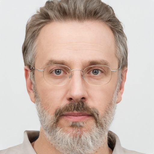 Neutral white middle-aged male with short  brown hair and grey eyes