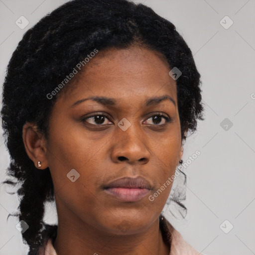 Neutral black young-adult female with medium  brown hair and brown eyes