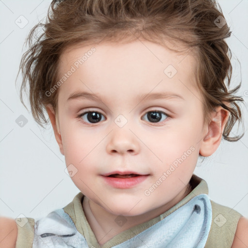 Neutral white child female with medium  brown hair and blue eyes