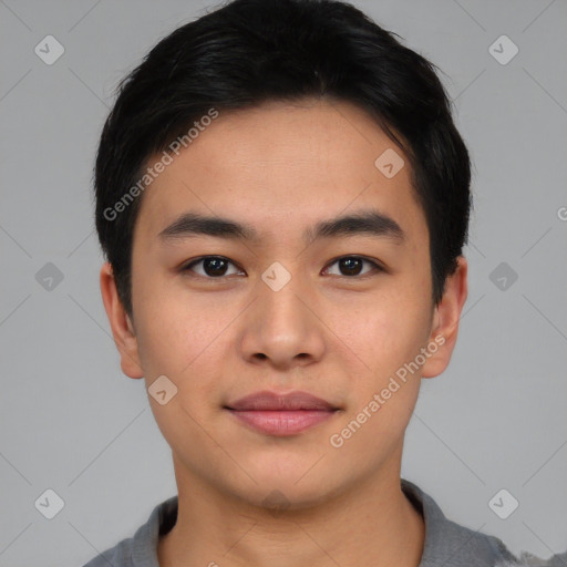 Neutral asian young-adult male with short  black hair and brown eyes