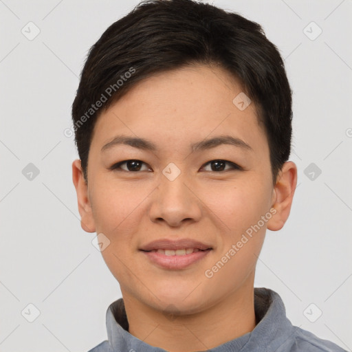 Joyful asian young-adult female with short  brown hair and brown eyes