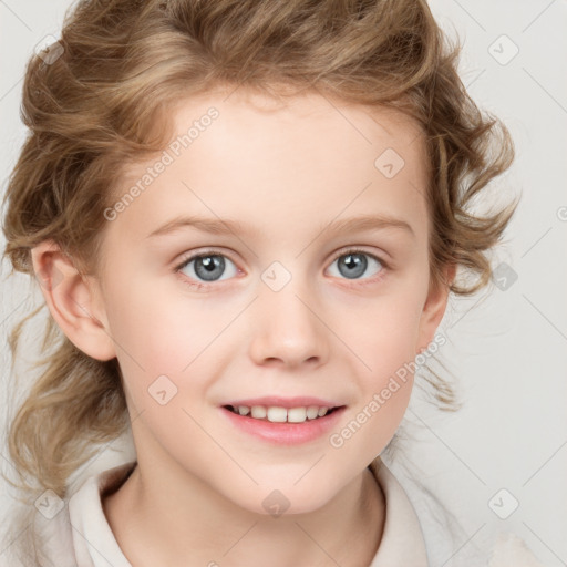 Joyful white child female with medium  brown hair and blue eyes