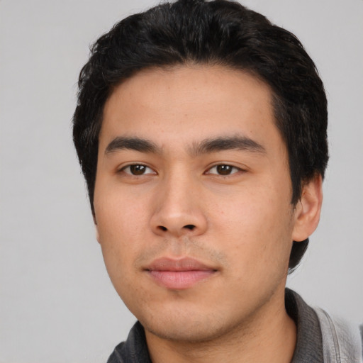 Neutral asian young-adult male with short  black hair and brown eyes