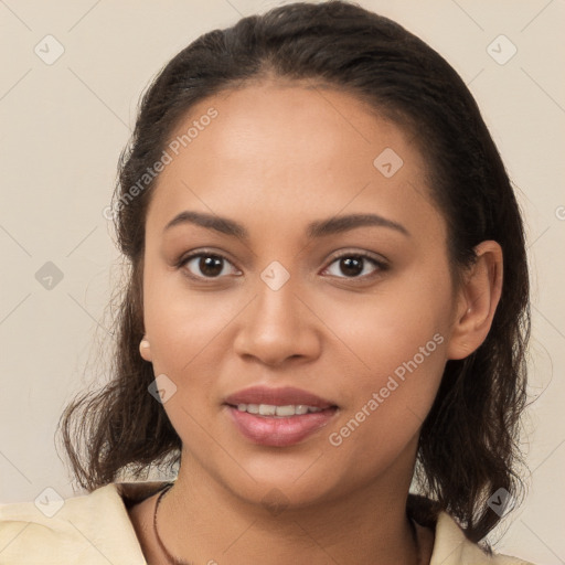 Joyful white young-adult female with medium  brown hair and brown eyes