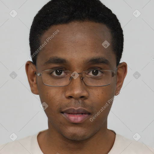 Neutral black young-adult male with short  black hair and brown eyes