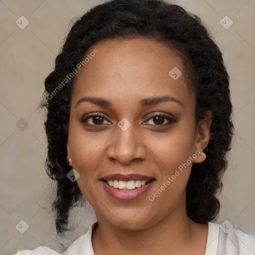 Joyful black young-adult female with medium  brown hair and brown eyes