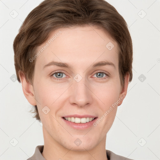 Joyful white young-adult female with short  brown hair and grey eyes