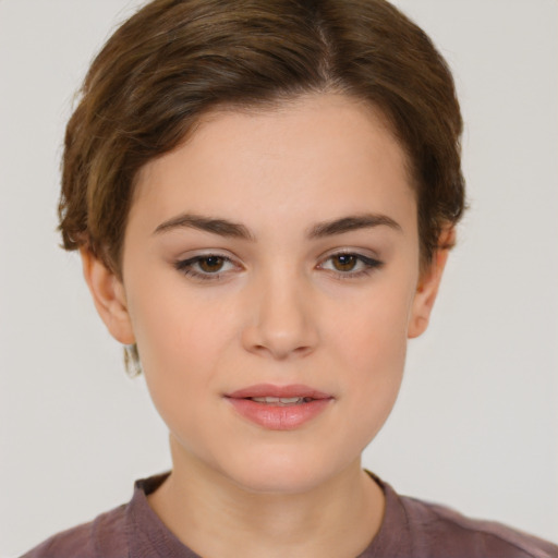 Neutral white young-adult female with short  brown hair and brown eyes