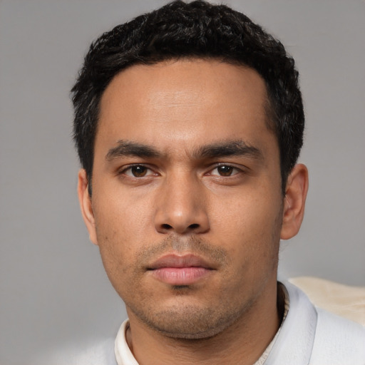 Neutral asian young-adult male with short  black hair and brown eyes