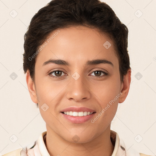 Joyful white young-adult female with short  brown hair and brown eyes