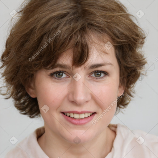 Joyful white young-adult female with medium  brown hair and green eyes