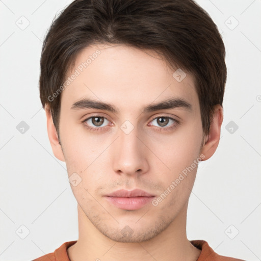 Neutral white young-adult male with short  brown hair and brown eyes