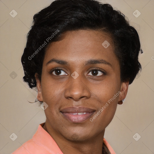 Joyful latino young-adult female with short  black hair and brown eyes