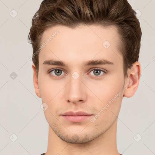 Neutral white young-adult male with short  brown hair and brown eyes