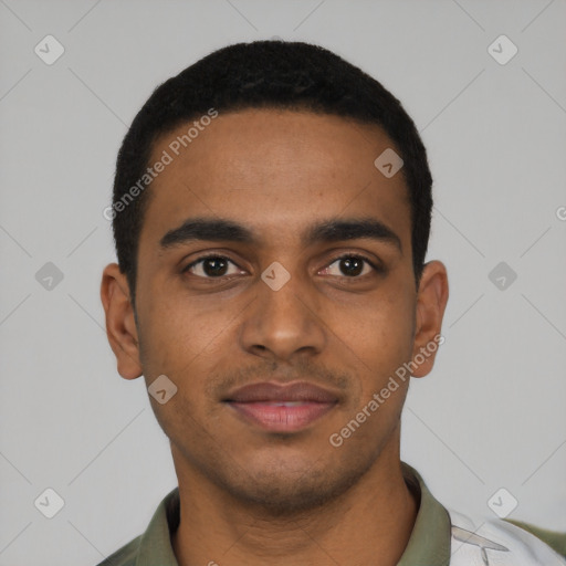 Joyful black young-adult male with short  black hair and brown eyes