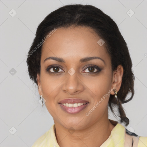 Joyful black young-adult female with medium  brown hair and brown eyes