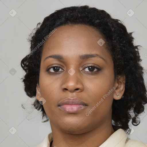 Neutral black young-adult female with medium  brown hair and brown eyes